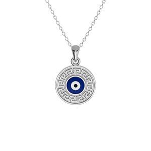 New Stakora Greek Key Evil Eye Pendant Disc Necklace Sterling Silver Brand 16"